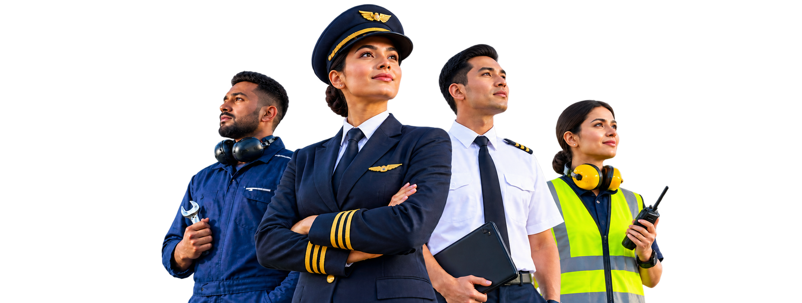 Pilot, engineer and ground crew looking ahead with an aircraft behind them