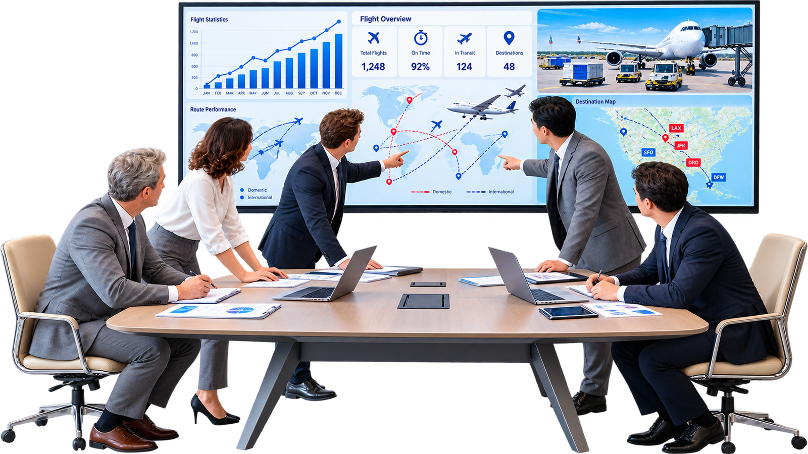 Team reviewing flight statistics and route performance on a boardroom screen